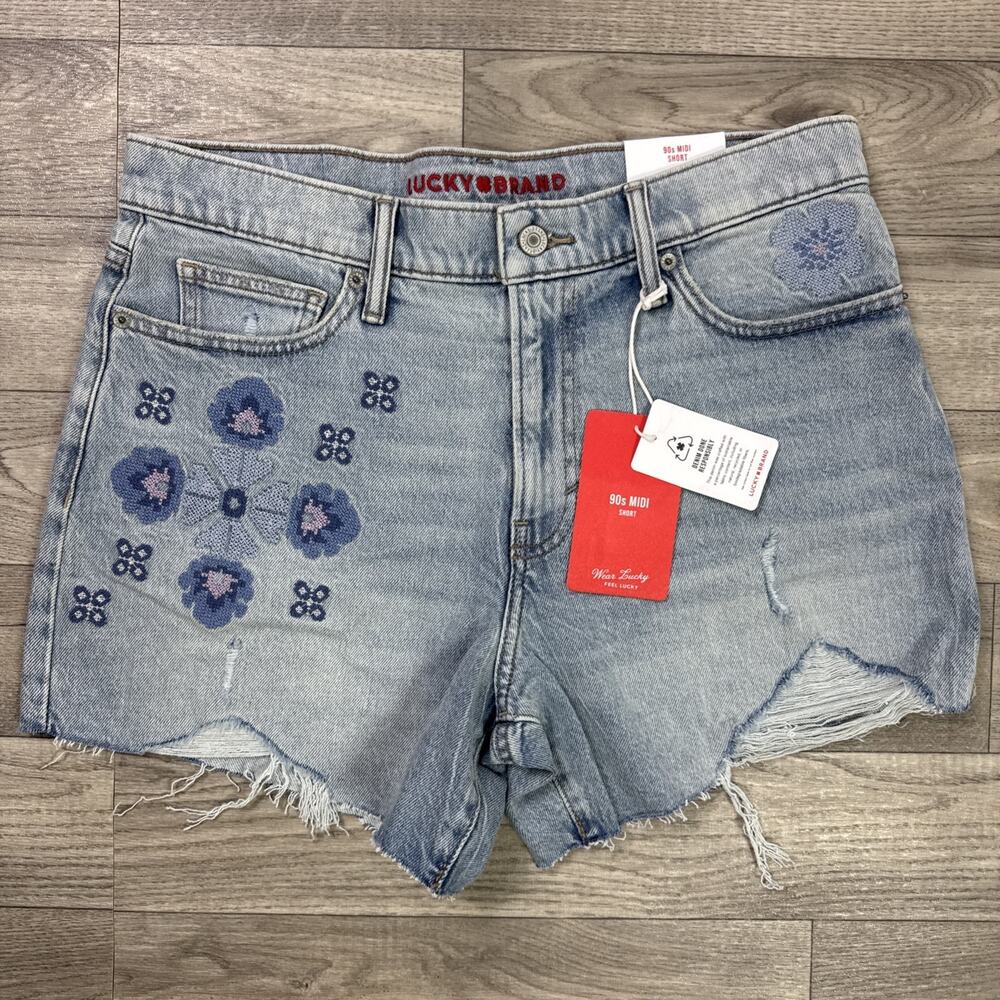 Lucky Brand 90s Midi Jean Shorts Frayed Hem Embroidery Light Wash sz 10/30